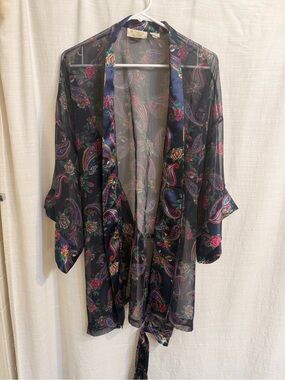 Victoria's Secret Sheer Paisley & Rose Kimono Robe - Black with Pink & Blue